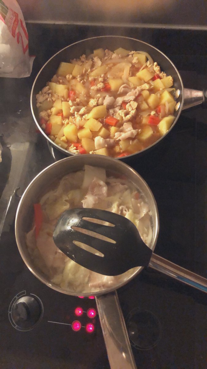 寺田仁美 やっぱり日本食は食べたいんです 作り置きで 鶏肉じゃが 明日と今日のご飯で 野菜たっぷりスープ 味付けなしで作って 半分 塩ラーメンの具材 半分 みそ汁 で 作ってみたよ 何がショックってみりんの蓋ちゃんと締まってなくて 荷物の中