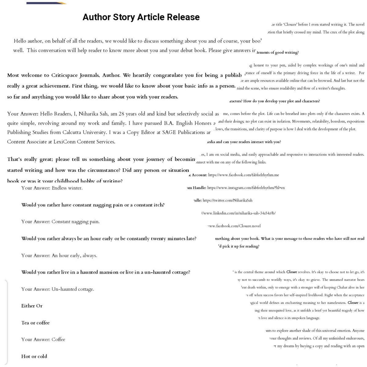 NiharikaSah's tweet photo. Want to get to know the author in me?
Want an insight into my thoughts, life and choices?
Want to feel inspired to write for yourself?

Read my introspective and fun-filled interview with #CriticspaceJournals at
https://t.co/ROgi8zvnle https://t.co/0EBWZI2UCl