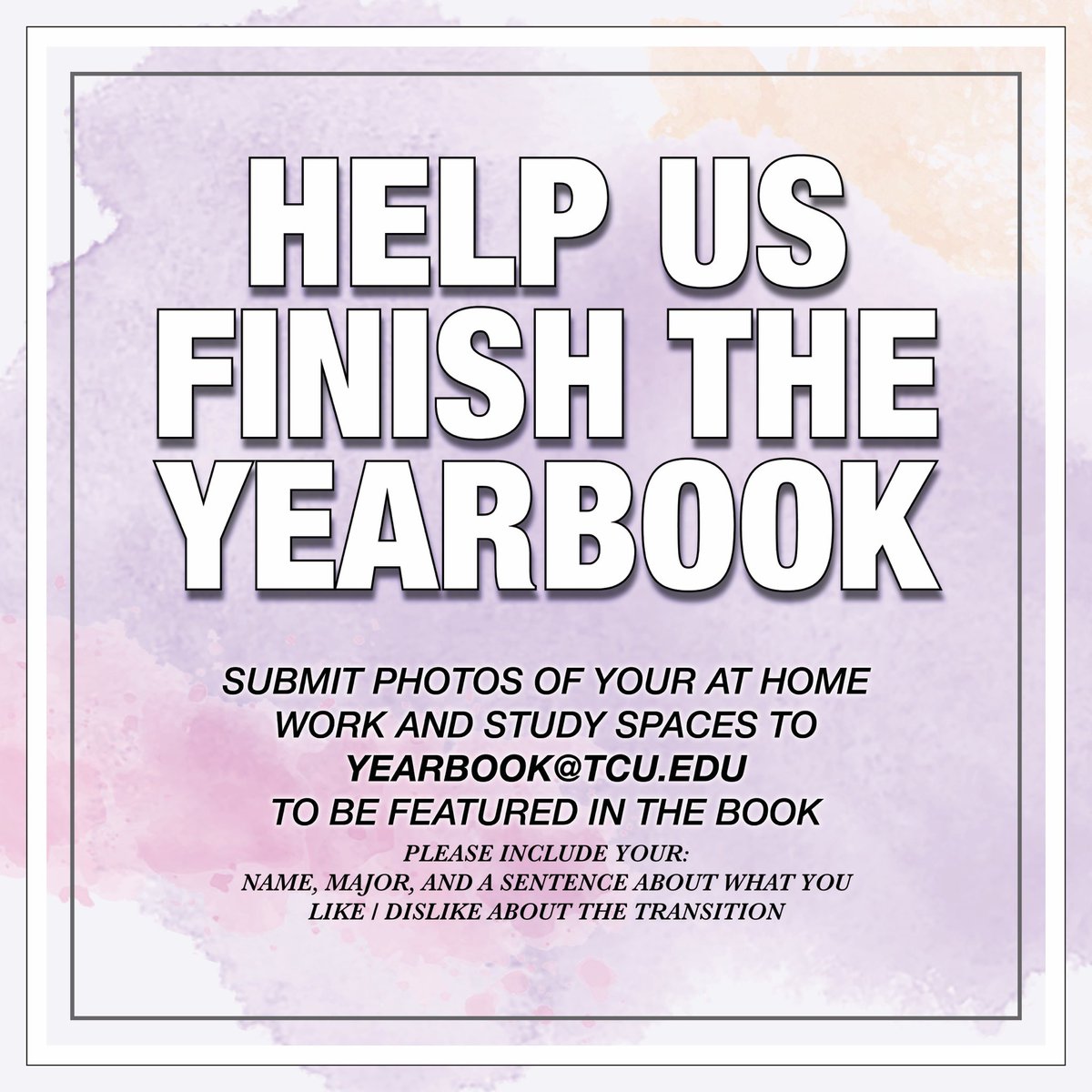 TCU_Yearbook's tweet photo. Here’s a cool chance to be featured in our book! Help us document this new virtual world by submitting your very own pictures 📸 We want to see how you do online classes at home. 
Submit to 📲yearbook@tcu.edu https://t.co/Rh4UnIBmRH