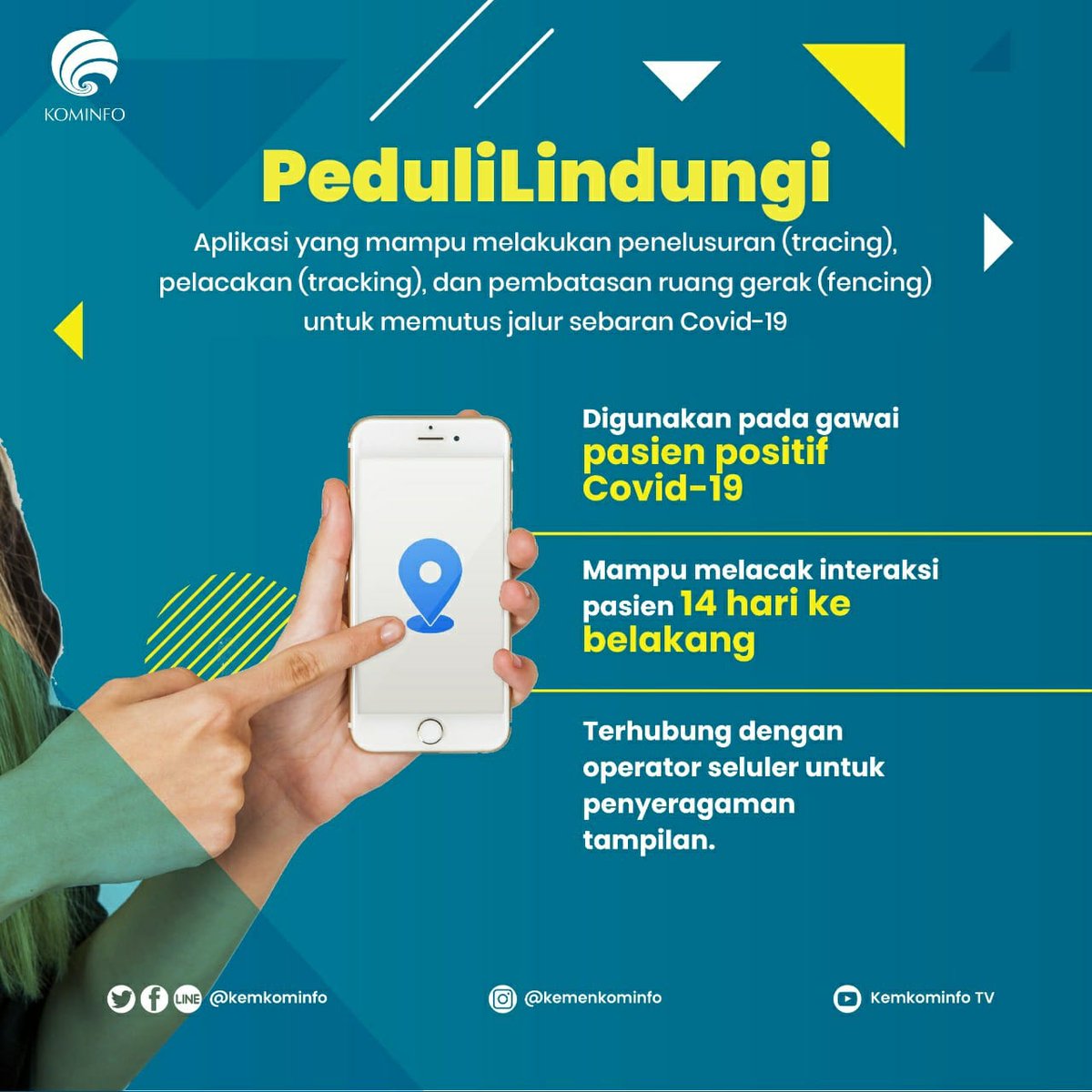 kemkomdigi's tweet photo. Aplikasi yg lahir dari kerjasama antara Kominfo, @KemenkesRI, @KemenBUMN, @BNPB_Indonesia &amp; para operator seluler ini mampu melakukan tracing, tracking &amp; fencing utk memutus penyebaran pandemi #Covid19 ini.
.
Mari kita dukung &amp; berdoa agar pandemi ini segera berakhir ya #SobatKom https://t.co/e7zx5K5dyu