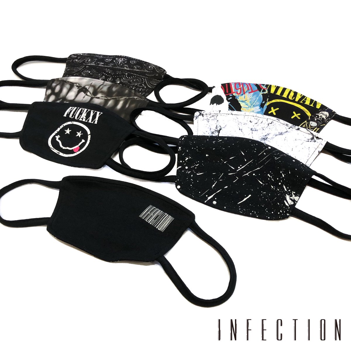 TRAPNEST_ONLINE's tweet photo. ▶︎▶︎▶︎ 新ブランド『INFECTION – インフェクション』

暗いニュースばかりで気が滅入るようなマスクの着用も、せめてお洒落に楽しめればと思い取り扱いをスタート致しました。

ロックを感じさせるデザインマスクブランドです！

https://t.co/IbVbyIr02t https://t.co/A8FVv1g5t8