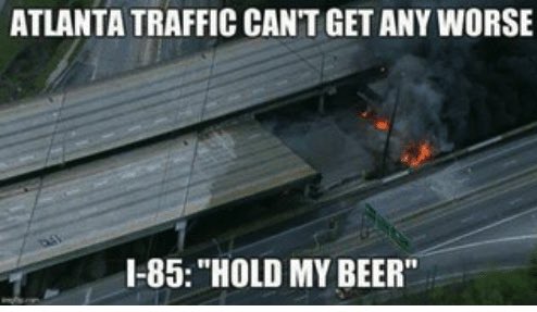 WarnJenn's tweet photo. Y’all remember 3 years ago when the I-85 bridge spontaneously combusted & collapsed?
...and all of the pure gold memes that came out of it?
#I85BridgeCollapse #I85 https://t.co/bkURT8XPyO
