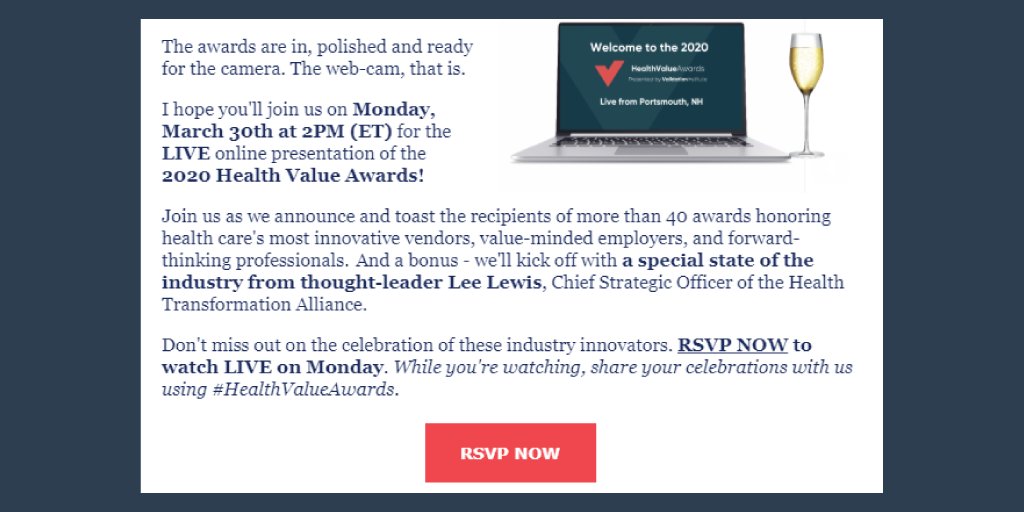 There's still time to sign up for today's Virtual #HealthValueAwards Ceremony (2pm ET). Let's celebrate the best in #healthcare and #employerhealth together! 

bit.ly/2UlNxtZ

Follow <a href="/AwardsValue/">Health Value Awards</a> for live updates during the presentation.