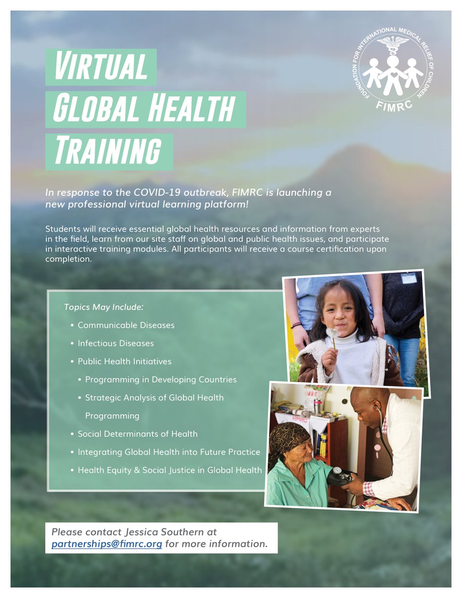 PWB_Global's tweet photo. Our friends at @FIMRC have been busy creating virtual volunteer programs in order to continue to provide meaningful global health opportunities for students and professionals. Check out their Virtual Global Health Training program #globalhealth #fimrc #worldhealth https://t.co/UG0FuCfHCL