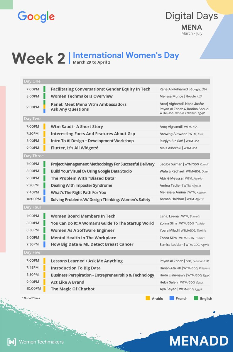 AlgiersWTM's tweet photo. For #MenaDigitalDays 's second week, we are celebrating International Women's Day 👩🏾‍💻in a digital way. 🤩
*After all it's still march, right*
Many live tracks are waiting for you everyday.
*times in the pictures are in Dubai time*
#MDD #GDG #WTM https://t.co/je4qH7r67J