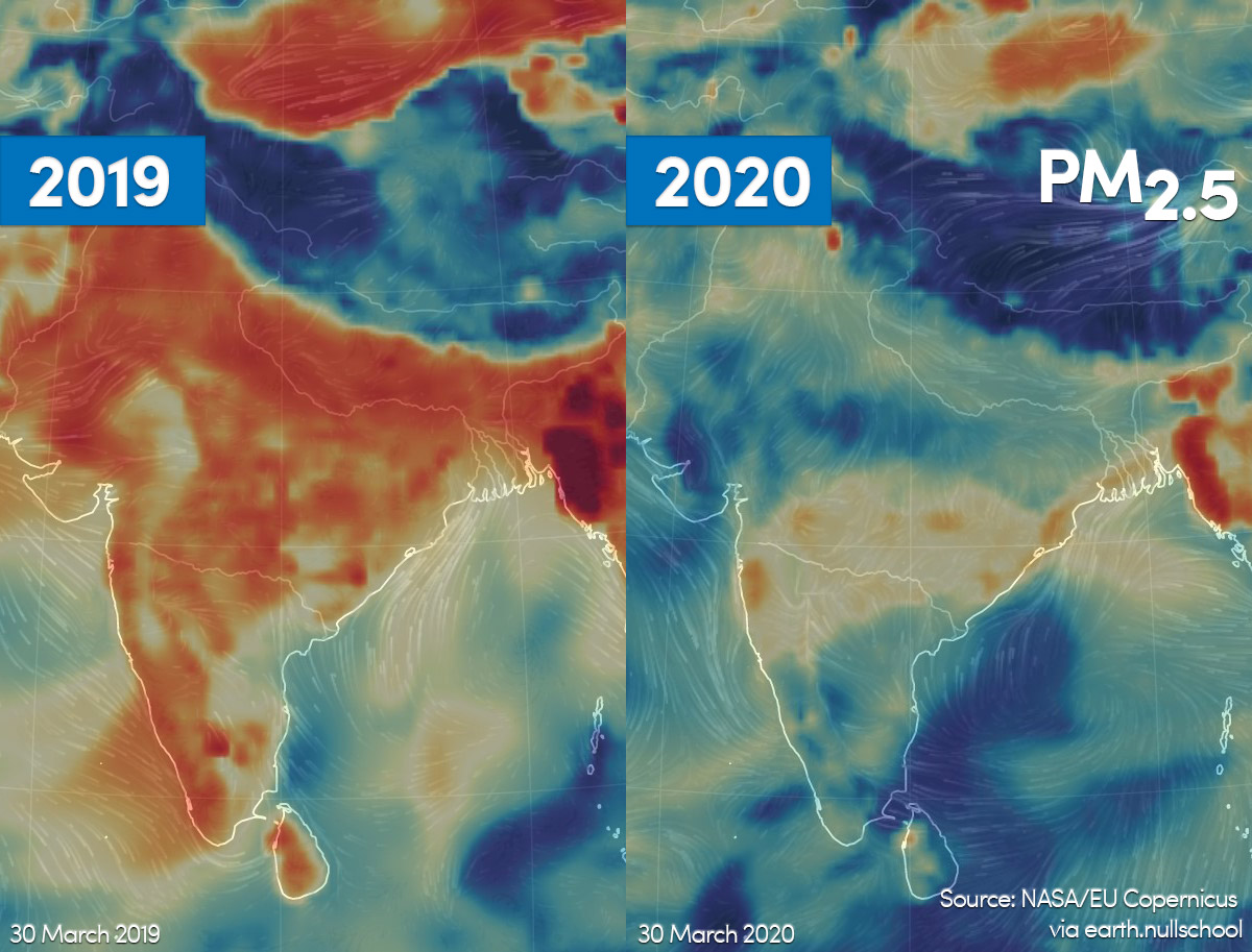 Pollution over India before and after COVID-19 #lockdown. These are satellite monitored pollutant values (PM2.5) on 30 March in 2019 and 2020. 
Source: NASA/EU Copernicus via earth.nullschool.
#COVID19 #Covid19India #AirQuality #PM25 #pollution.