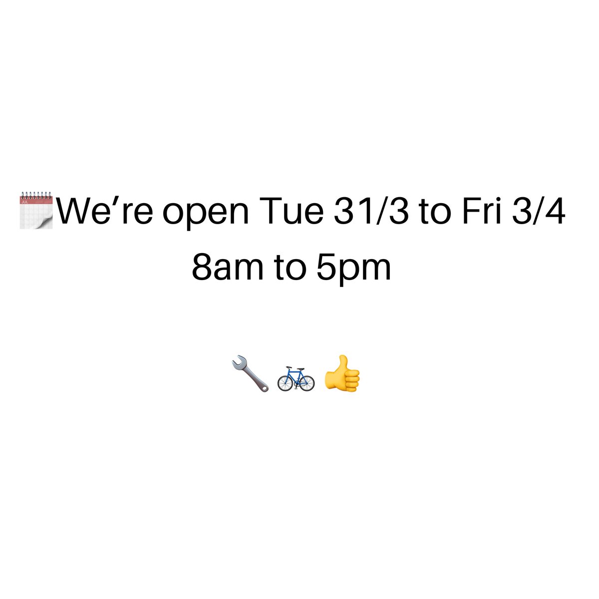 🗓️We’re open Tue 31/3 to Fri 3/4 8am to 5pm

🔧🚲👍
 
📧service@nipnip.co.uk

#OurHeroes #NHS #Covid19