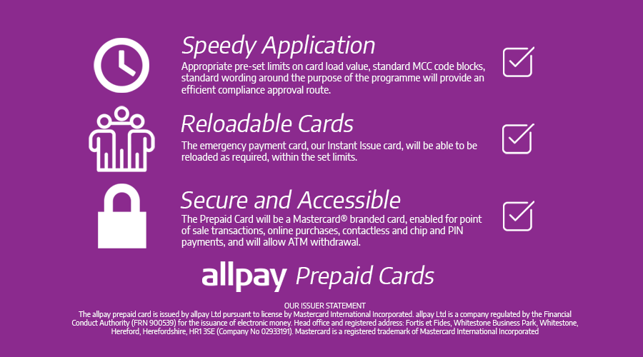 allpayLimited's tweet photo. We have worked quickly to establish a #Prepaid Card programme that is designed specifically around supporting you in disbursing funds to those experiencing hardship as a result of the #COVIDoutbreak.

Find out how we can support you and your customers: https://t.co/WuElFQ0oXx https://t.co/TxuVLjWqyc