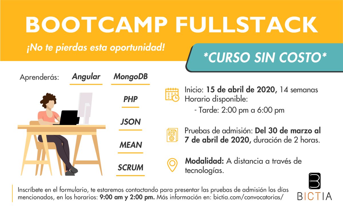 bictia's tweet photo. ¿Te gustaría potenciar tus habilidades como programador? inscríbete a nuestro Bootcamp de Fullstack, que inicia el próximo 15 de abril. 🗓️
Más información y registro: ⬇️⬇️
https://t.co/bQZPXfPA4w https://t.co/nFp2liBtS8