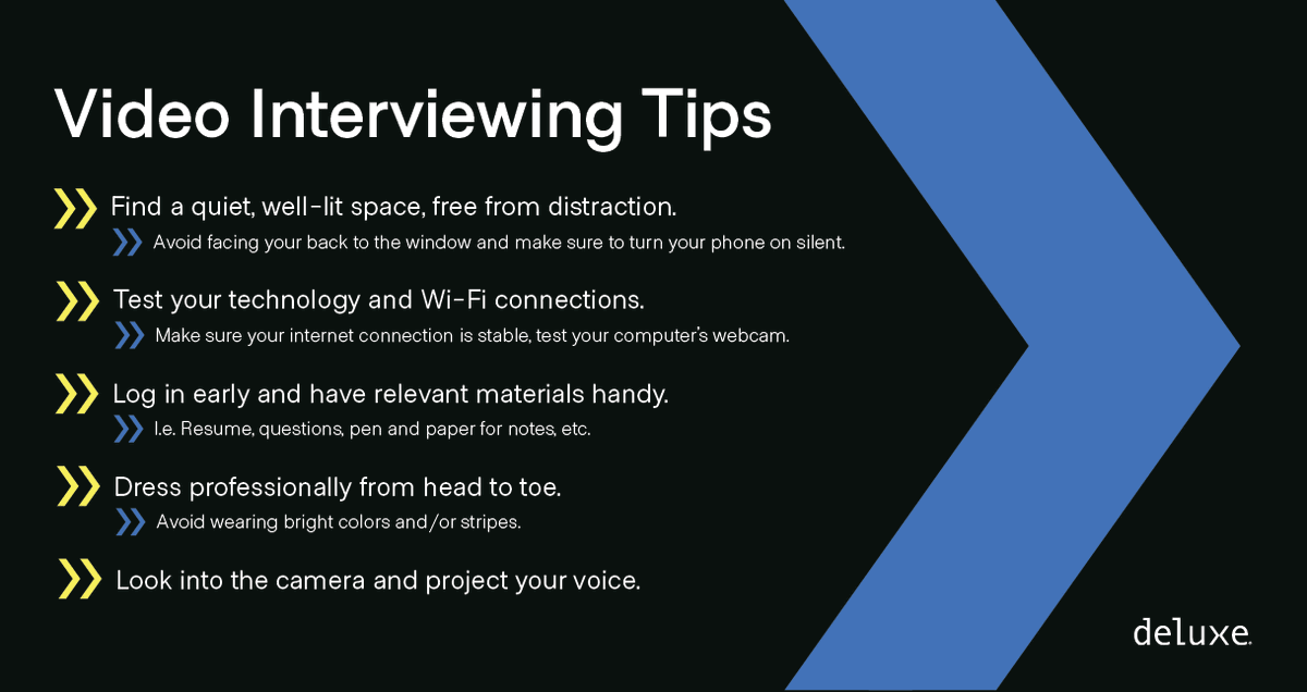 DeluxeJobs's tweet photo. We place a high importance on the safety of our candidates and employees. Going forward, we have decided to make all interviews virtual. 

Here is a list of tips to nail your next #DigitalInterview.

We are HIRING! View all available opportunities → https://t.co/AO7daxk7rH https://t.co/SN15B1Mvai