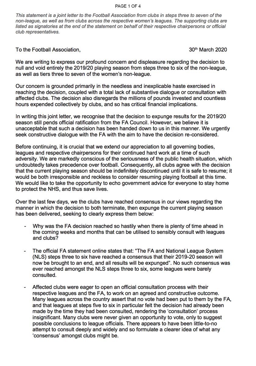 Spencer Along With More Than 60 Other Non League Chairmen Up And Down The Country We Ve Written An Open Letter To The Fa Contesting Their Decision To Declare Leagues At Step