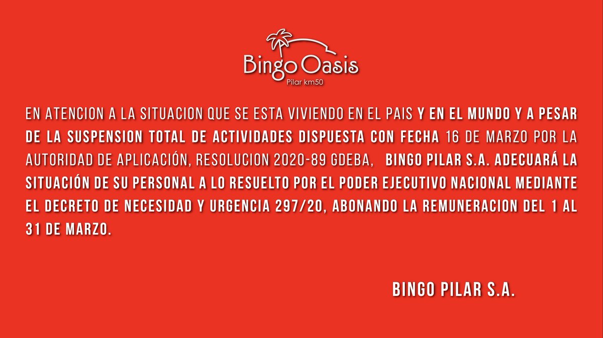 ATENCIÓN BINGO OASIS PILAR INFORMA.