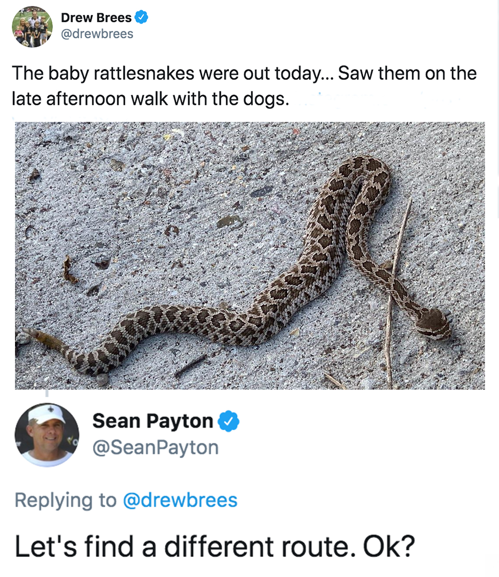 Saints's tweet photo. ⚜️@SeanPayton would like @DrewBrees to call an audible 😂 https://t.co/BAufMVDcah