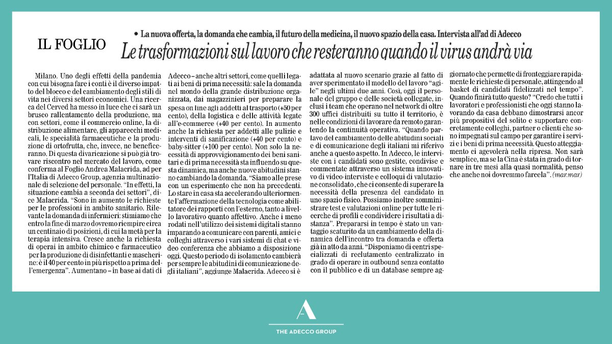 Dall'affermazione del #digitale come principale strumento di #lavoro ai possibili e drammatici effetti sull’economia: il #COVID19 è un’emergenza che può essere superata solo con tenacia e coesione. Il commento del nostro CEO <a href="/aamalacrida/">Andrea Malacrida</a> per <a href="/ilfoglio_it/">Il Foglio</a>.