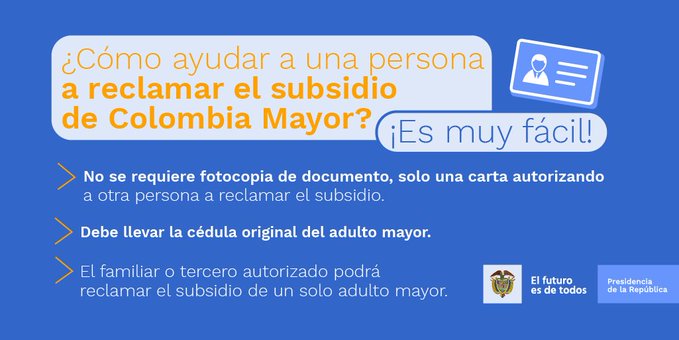 ConsejeriaDDHH's tweet photo. En esta emergencia sanitaria, nuestra prioridad son los adultos mayores, por eso, hemos dispuesto una nueva manera de entregar los recursos del Programa Colombia Mayor. 

Conoce más en Flecha hacia la derecha https://t.co/PC8jNow9nO https://t.co/gS146vZN7H