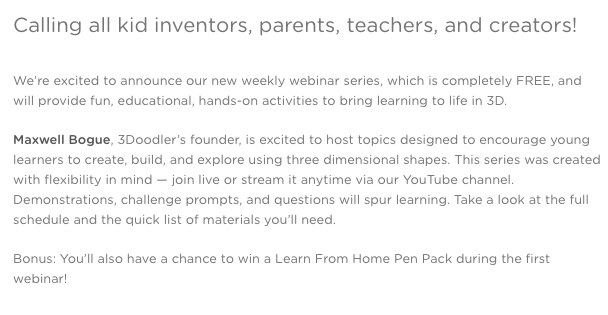 3Doodler's tweet photo. GIVEAWAY TIME: Win one of our new Learn From Home kits for our webinar series.

These include a 3Doodler Start, a Doodlepad and 200 strands of plastic!

RT this Tweet for an entry. 
Tag a friend for an additional entry.

https://t.co/wfe7FIMdus

#EDU #Contest #Win #Giveaway https://t.co/Yfgk82yFZy