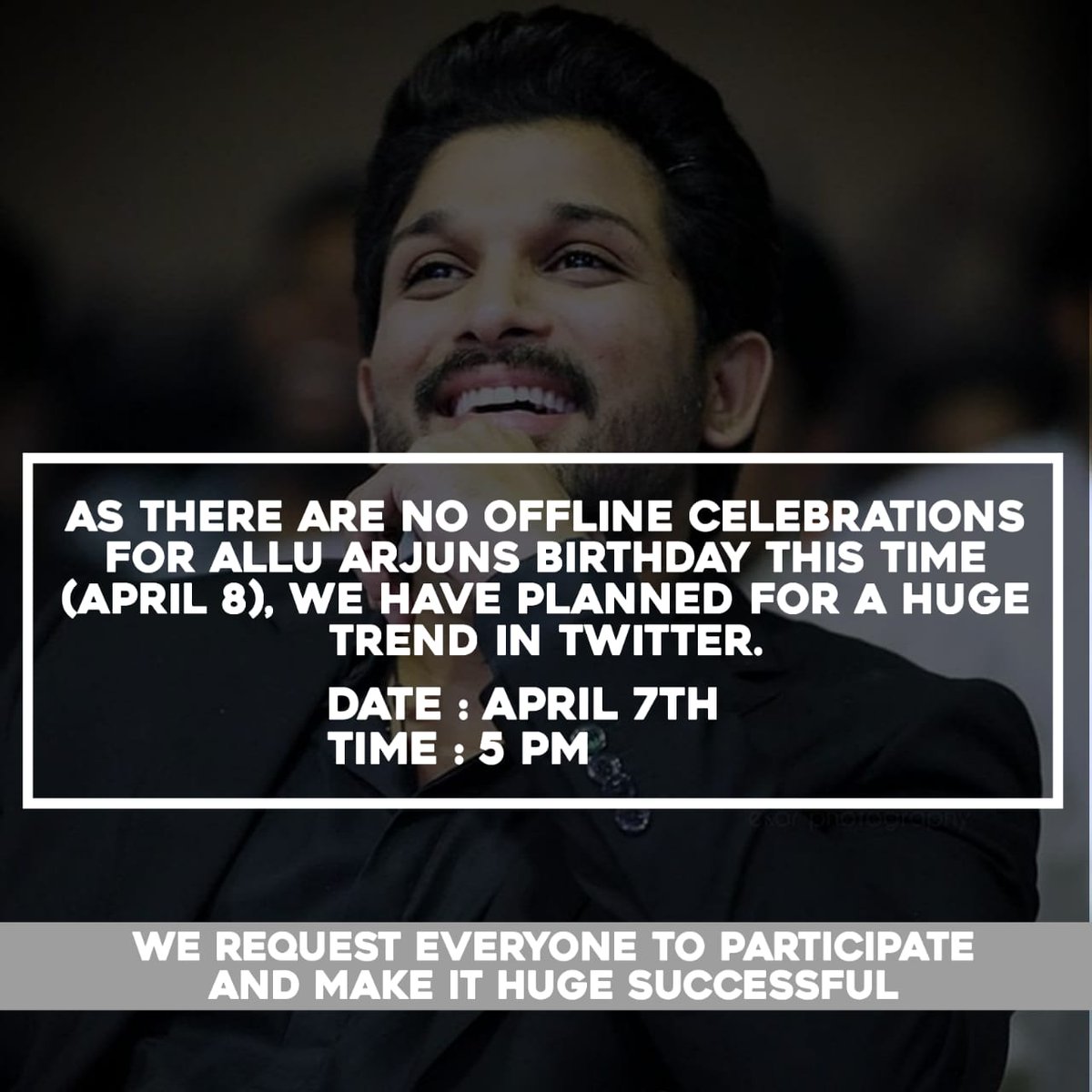 TrendsAlluArjun's tweet photo. As There are ''No offline Celebrations for #AlluArjun's Birthday" this year, we have planned for a Huge Trend in Twitter on April 7th from 5 PM (24 Hours)
Every AA fan must participate in this trend and make it successful♥
''AA Birthday CDP'' will be out on April 5th evening👍 https://t.co/YcmVUe7xlv
