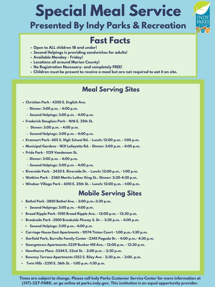 <a href="/engagingsol/">Engaging Solutions</a> hopes everyone is staying safe and healthy. Our friends <a href="/IndyParksandRec/">Indy Parks🌲</a> wants to ensure no child goes hungry. See below for Special Meal Service times &amp; Locations. #WeAnswerToBusiness