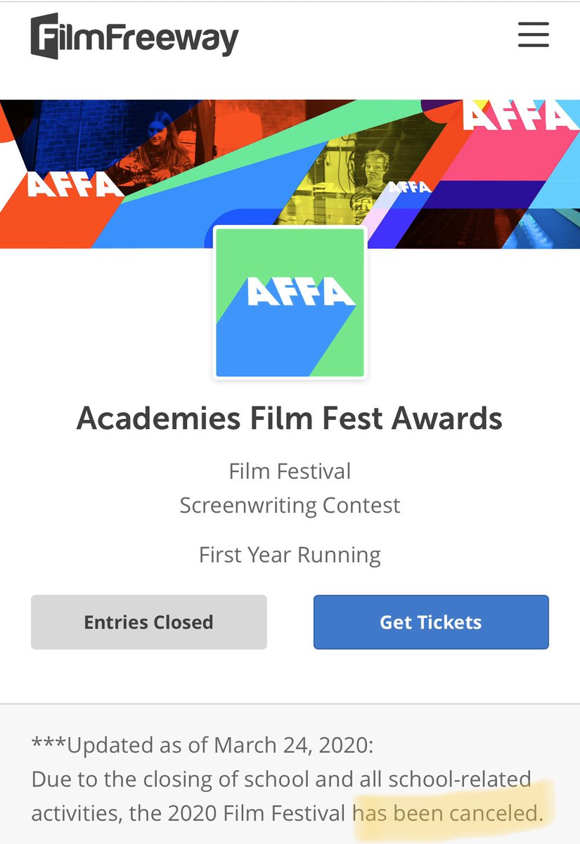 AcademiesStudio's tweet photo. 📢Please note: The Academies Film Fest Awards is cancelled and submissions have been closed. https://t.co/UEmxBj3VZ2