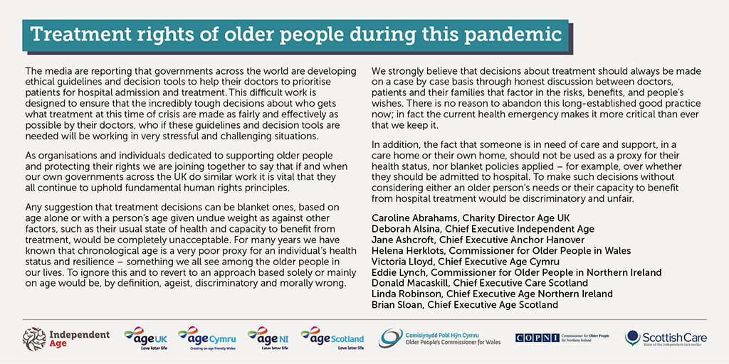 As organisations dedicated to supporting older people we are joining together to be the voices to protect people's rights.

Read our joint statement with <a href="/IndependentAge/">Independent Age</a> <a href="/age_uk/">Age UK</a> <a href="/AgeCymru/">Age Cymru</a> <a href="/Age_NI/">Age NI</a> <a href="/agescotland/">Age Scotland</a> <a href="/COPNI/">COPNI</a> <a href="/DrDMacaskill/">Donald Macaskill</a> here: bit.ly/2URlkdo

#covid19_older