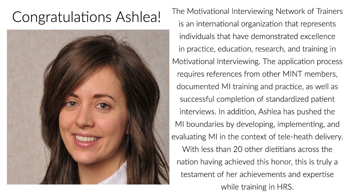 Please join HOPE Lab <a href="/mediet/">mediet</a> <a href="/shrs/">shrs</a> <a href="/OSUWexMed/">The Ohio State University Wexner Medical Center</a>  in congratulating HRS PhD candidate Ashlea Braun, MS, RD, LD for being invited to join the prestigious Motivational Interviewing Network of Trainers (MINT).