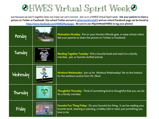 Happy Virtual Spirit Week <a href="/HuntersWoodsES/">Hunters Woods ES</a> family! Don't forget to share you pictures!