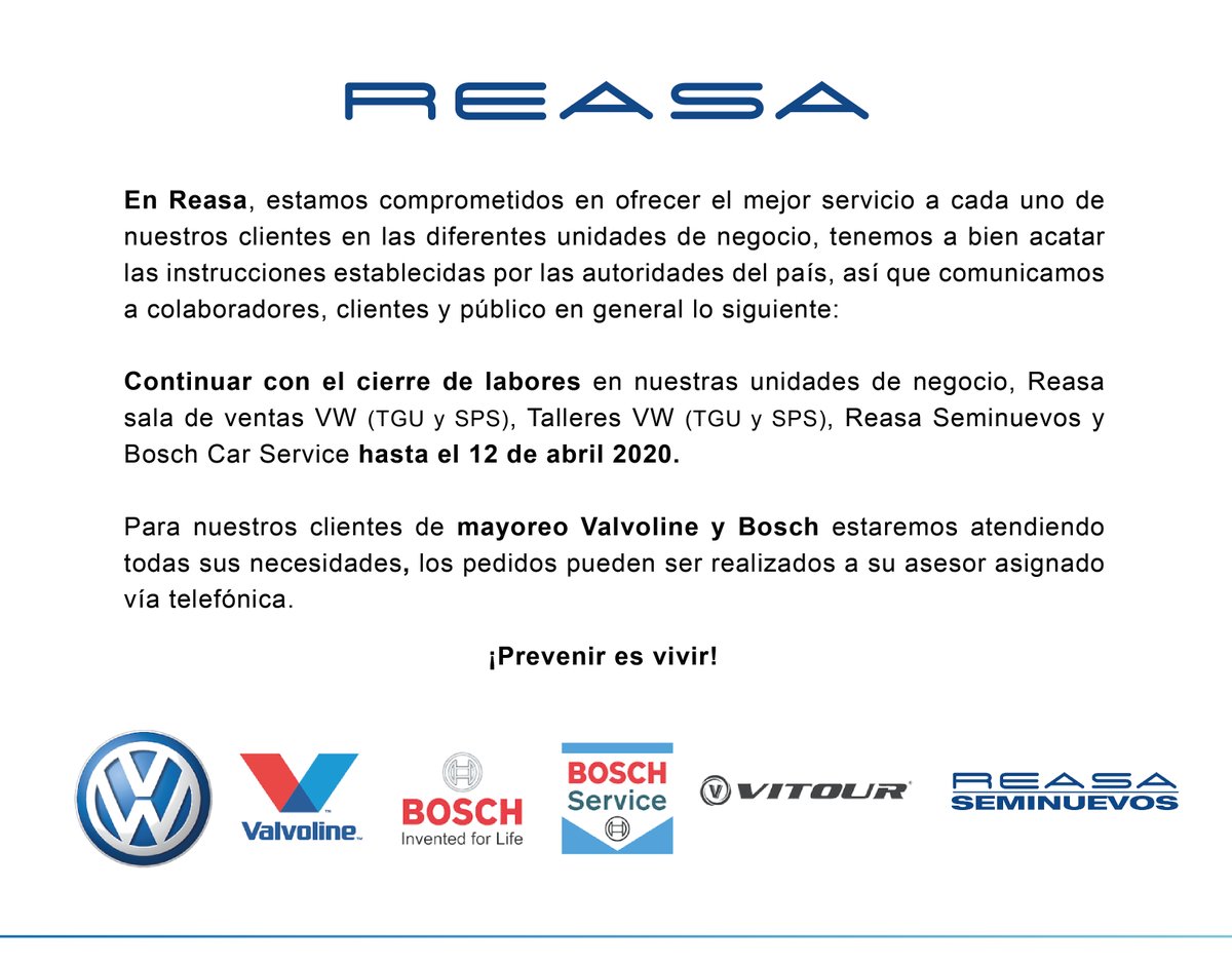 reasahn's tweet photo. En @reasahn seguimos comprometidos en cuidar la salud y seguridad de cada uno de nuestros clientes en las diferentes unidades de negocio, por la situación actual que atraviesa nuestros país respecto al COVID-19.
@valvolinehn @boschcarhn 
👇👇👇 https://t.co/PIK8ZkcOWj