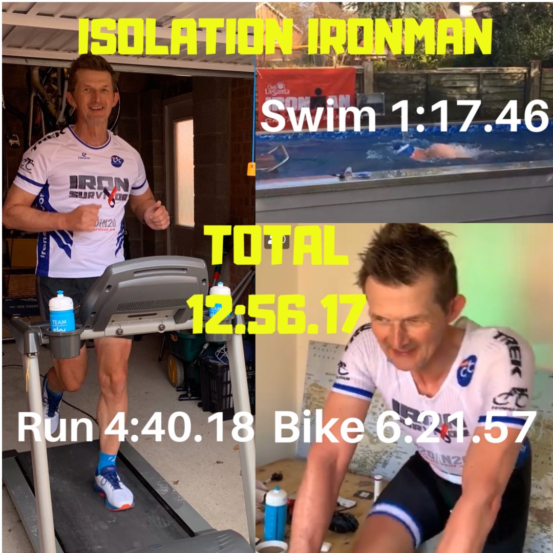 Yesterday saw the first Isolation Ironman done. 3.8k swim, 182k bike, 42.2k run. Thanks to Rich and his #endlesspool and @team_cfc_joe ‘s treadmill for making it possible. #charity #20in20 #paincave #cyclistsfightingcancer #anythingispossible #ironmantri  #donations #triathlon