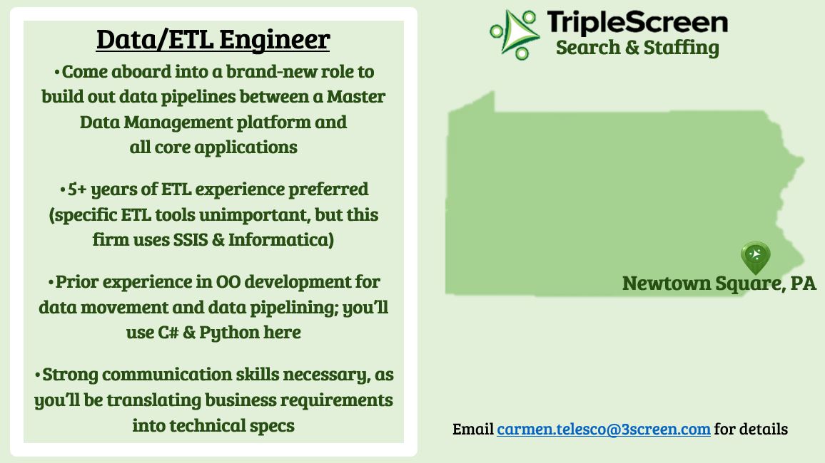 TripleScreen1's tweet image. One of our clients is looking for a #SeniorDataEngineer who has object-oriented #backend / #datalayer development and #ETL experience. LOTS of #WFH flexibility, and great benefits/perks! Email carmen.telesco@3screen.com for more info.
#triplescreenstaffing #SSIS #csharp #python