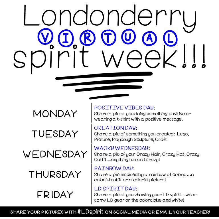 MrsWeary505's tweet photo. Positive Vibes Day for our Virtual Spirit Week! #LDSpirit #LondonderryProud Never forget— you’ve got a F R I E N D in me, Londonderry! https://t.co/WAIDN6Hu0J