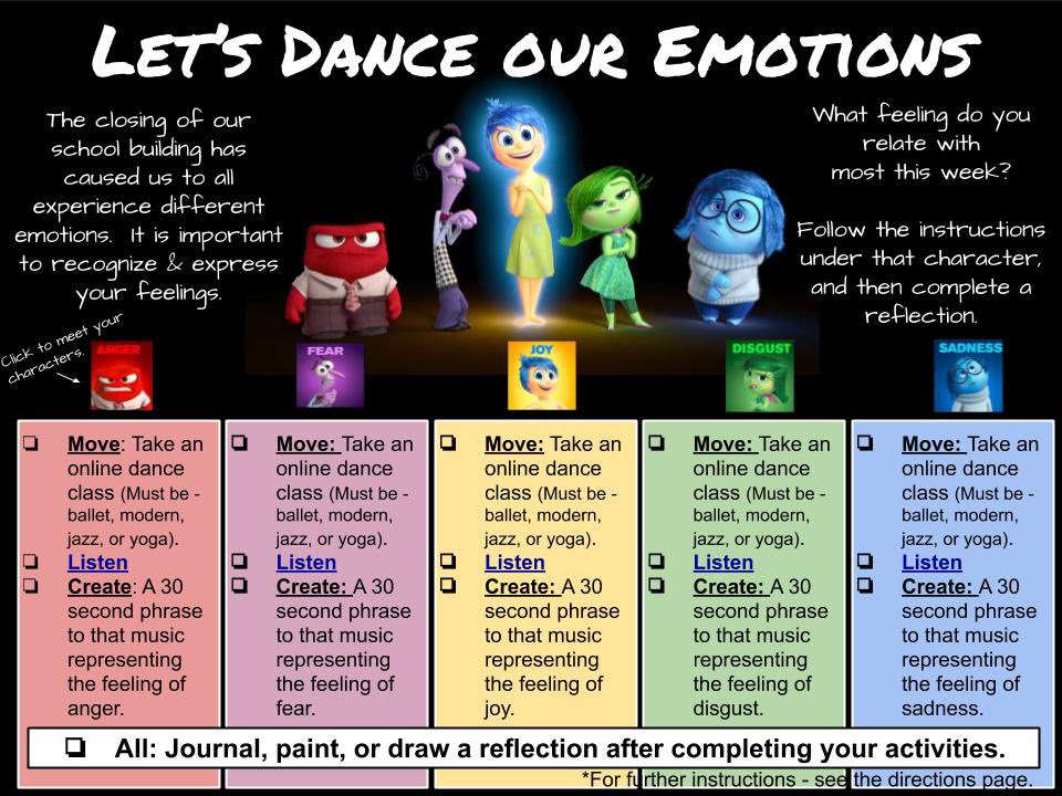 katievflint's tweet photo. Emotions are at an all time high... what better way for my students to express these feeling but dance! This week’s activity is inspired by the movie Inside Out. #SEL #vbalwayslearning #dancetoexpress #insideout #vpaadance @SalemHSVB @VPAASalem @LeeaneTurnbull https://t.co/Qt0RZUMMrc