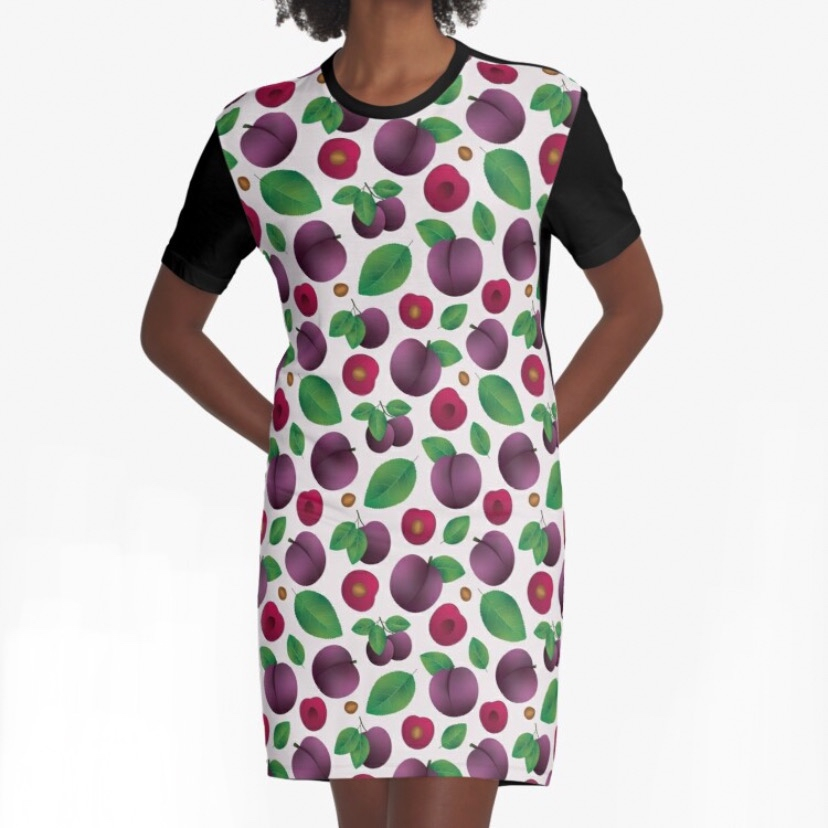 A plum plum dress. @elizabethb_art (IG) created this fruit pattern that looks really cute on dresses, pillows, mugs, and more! Check them out in her shops. #art #artist #artistoninstagram #pattern #plum #fruit #vectorart