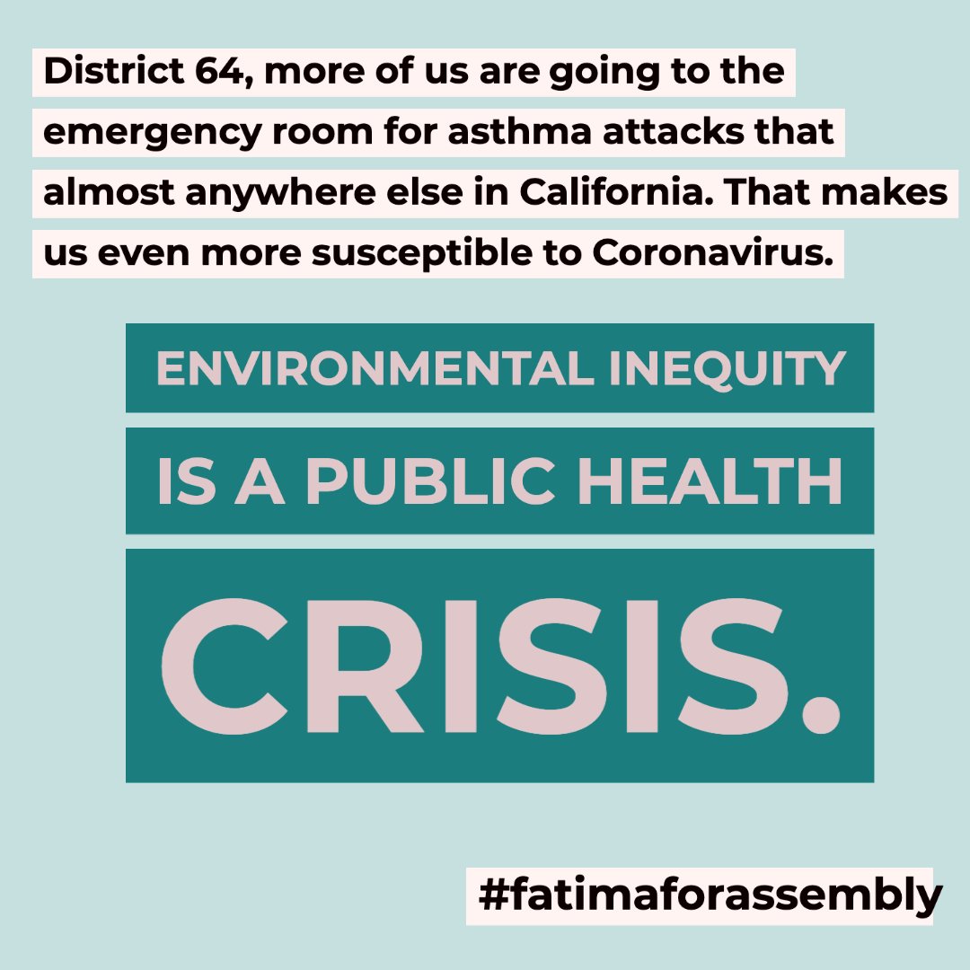 fatimaizubair's tweet image. #AD64, more of us are going to the emergency room for asthma attacks than almost anywhere in California. Asthma makes us more susceptible to illnesses like Coronavirus. #EnvironmentalJustice is a public health issue.
#fatimaforassembly
fatimaforassembly.com/environmental-…