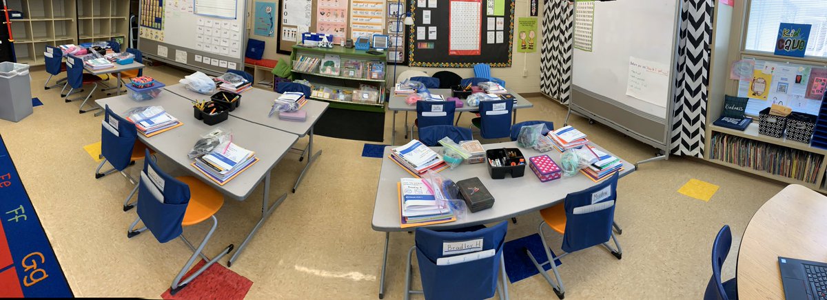 Laura_Bernick's tweet photo. #FlatRaider is sad that this room won’t have students back for a while. Supplies are prepared to send home. #rstories20 https://t.co/RpdYCUhfmz