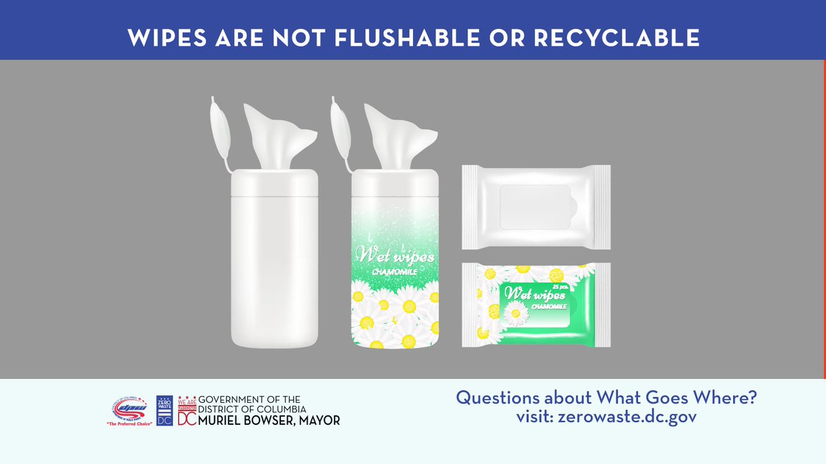 dczerowaste's tweet photo. DYK #wipes are not flushable or recyclable. Remember to place used wipes in the trash &amp; not down any drains or in your blue recycling bin. To learn what items are not recyclable in DC, visit https://t.co/WLp3UtTlXr 
 @dcwater #DONOTFLUSH https://t.co/WYsuyuJgvt