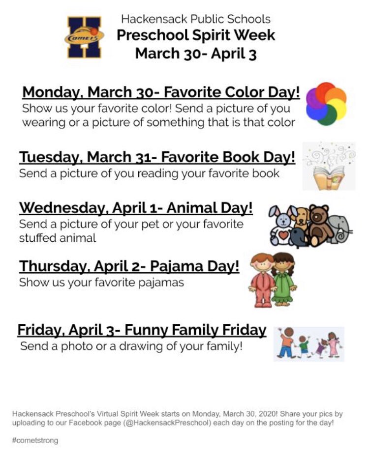 HPSCometsPrek's tweet photo. It’s Hackensack Public Schools Preschool Spirit Week.
Please join in on the fun!!!
Escuelas Publicas de Hackensack semana del Espiritu Escolar!!!!! Unete a la diversion!
#HPSCometsPreK
#CometStrong💙💛 https://t.co/NNQpbHxsml
