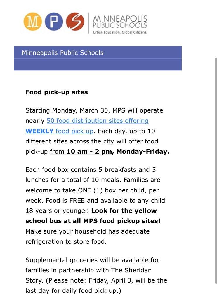 RT <a href="/MPS_News/">Minneapolis Public Schools</a> Families and Staff: Food Pickup Sites. Thank you‼️