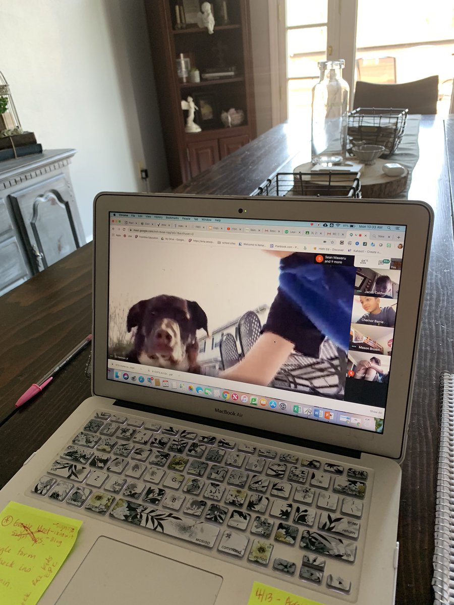 missinglinck3's tweet photo. A pretty successful Google Meet on our first day of online learning. 15/20 Ss joined &amp; I got to meet the family pets! Looking forward to our small group meets throughout the week! #RTSrocks @PattonvilleSD https://t.co/t5yqc54oE5