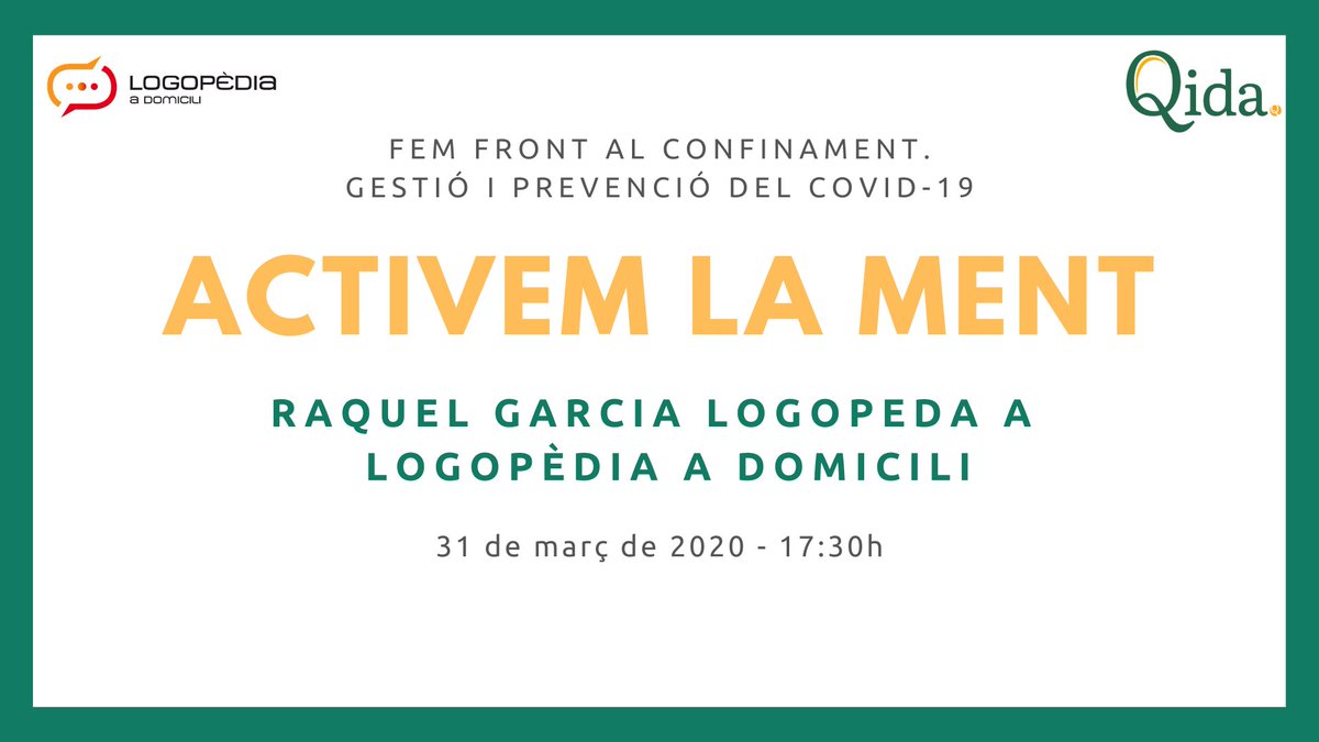 QidaCare's tweet photo. 📢 Jornades: “Fem front al confinament. Gestió i prevenció del Covid-19”

Sessió amb activitats d'estimulació cognitiva, de memòria i jocs per no deixar d'estar actius, de la mà de #RaquelGarcia de @LogopediaDom 

📅 Dimarts 31 de març
⏰ 17:30
📍 Enllaç: https://t.co/8kRA3frCah https://t.co/lfW1K6BWYK