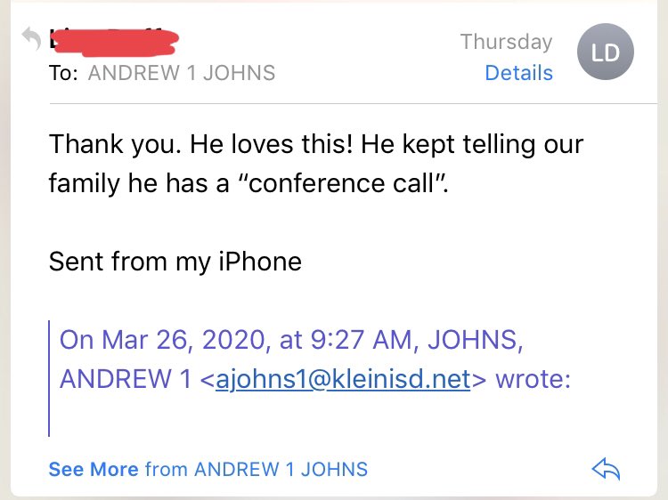 MrJohnsBenignus's tweet photo. I miss my students so much, but they still crack me up from a distance! This one in particular likes me to email our zoom invites to his personal school account so he can tell his family “I have a conference call” 😂
#KleinFamily @BenignusKISD @KleinISD https://t.co/ZV0Zk0twd5