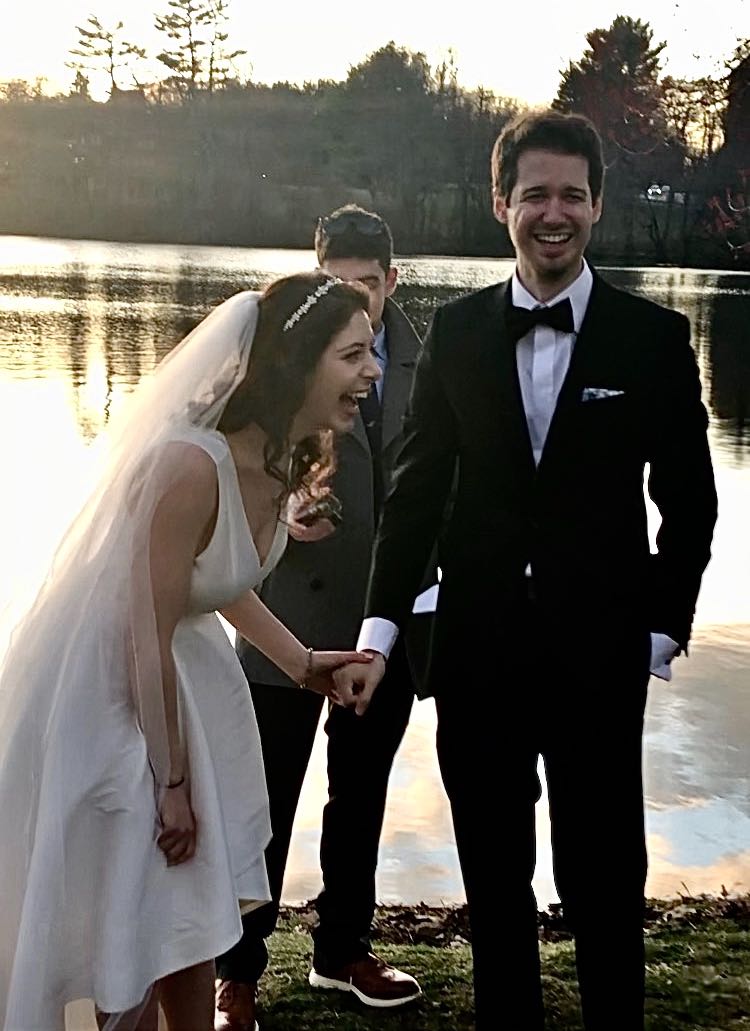 ArielMitnick's tweet photo. @johnkrasinski Loved ep. 1! For ep. 2, my husband (!!) and I got married on 3/21, 2.5 months before our planned wedding date, just before the ban on weddings in NJ took effect. We held a tiny ceremony with just our families - my bro officiated, and we zoomed in our bridal party &amp; grandparents! https://t.co/Nlvx5jBgCS