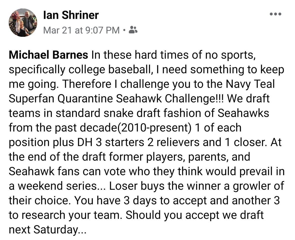 BSzeusBS's tweet image. 9 days ago, @superfan_inc laid down the challenge. Myself &amp;amp; 2 others accepted that challenge. What follows is the results of the 1st ever Superfan Quarantine Seahawk Challenge draft.