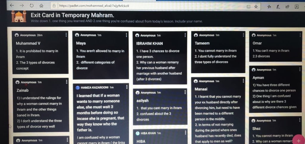 JCD_Arabic's tweet photo. Even virtually, students need exit cards to leave the lesson. #padlet @KHDA #JCDislamic #InThisTogetherDubai #JCDhomelearning https://t.co/hjdLSu0Q5g