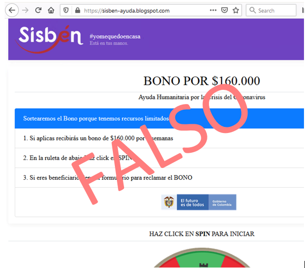 colCERT's tweet photo. ¡Alerta! Falsa página "BONO POR $160.000 Ayuda Humanitaria por la Crisis del Coronavirus" está siendo enviada a través de redes sociales y sistemas de mensajería, ¡Recomendamos Hacer caso omiso a esta información y No reenviarla! #RompaLaCadena @mindefensa @CaiVirtual https://t.co/1ssyEQL4MW
