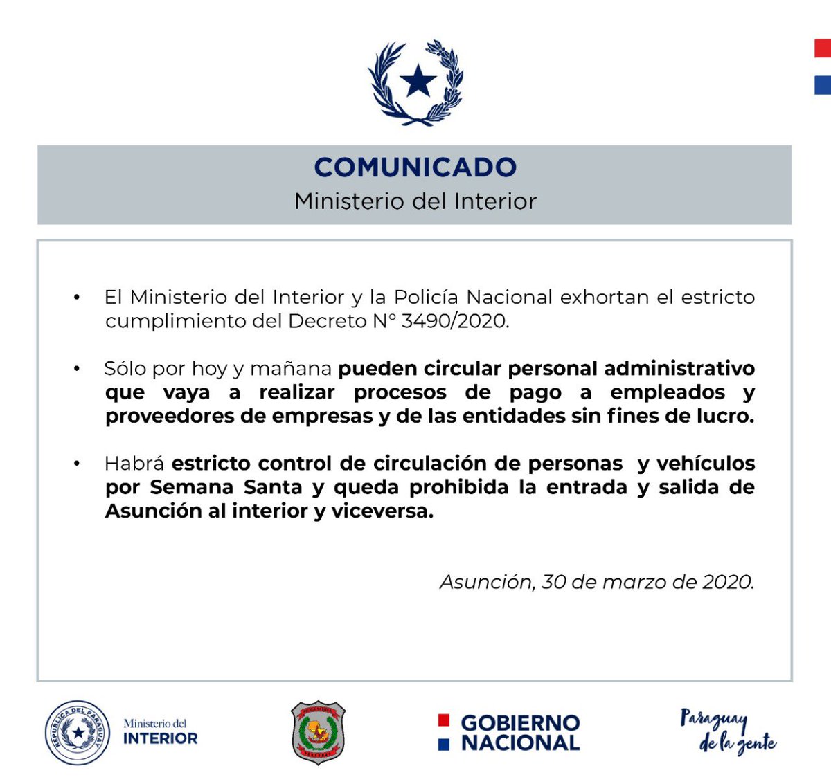 MDI_Paraguay's tweet photo. #COVID-19| 👉🏽 El Ministerio del Interior y la Policía Nacional exhortan al estricto cumplimiento del Decreto 3.490/20.                                         #QuedateEnCasa 
#NosCuidamosEntreTodos https://t.co/3oMJ8Ph6DL