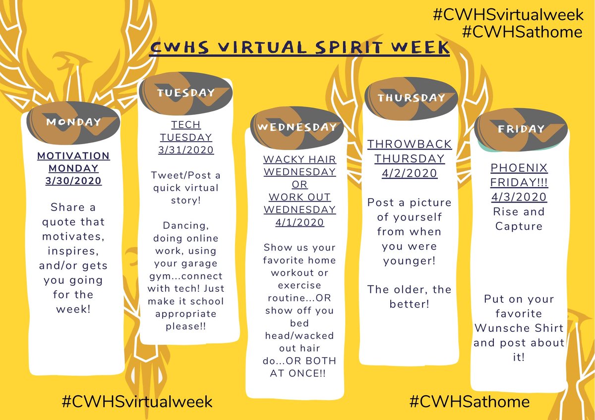 cwhs_springisd's tweet photo. Just because we're learning at home, doesn't mean we don't still have spirit! #CWHSVirtualWeek starts today! Even though things are different with #CWHSathome, we still can't hide our Phoenix Pride! Tag us, stay connected and use #CWHSathome and #CWHSVirtualWeek https://t.co/Odoj4gj9cC