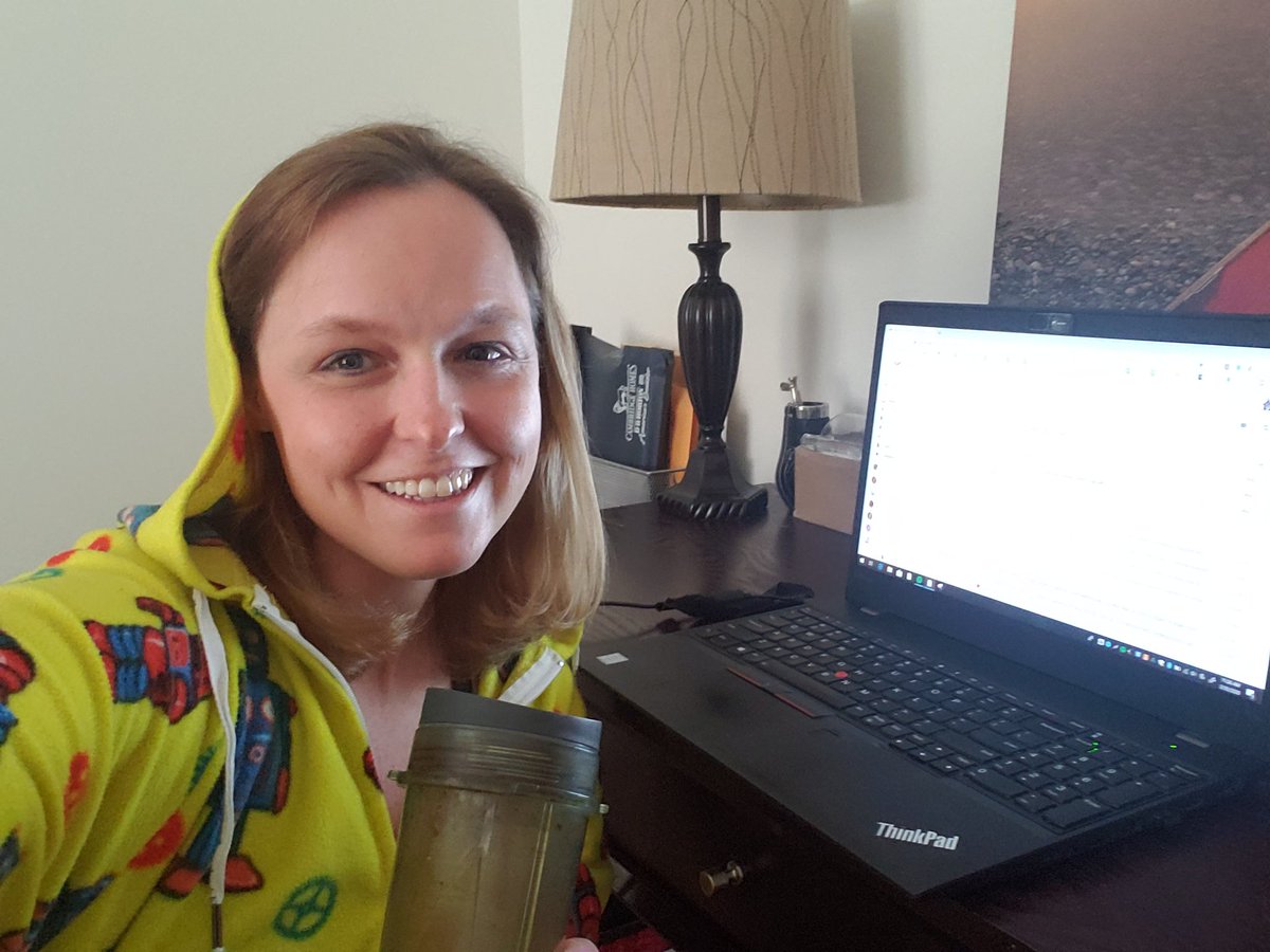 RuizSTEM's tweet photo. Spirit week from home during distance learning - today is PJ day (like every day right now!)Have to wear my bright yellow robot onesie while drinking my morning protein shake students always see me with. Missing their faces! @WinstonCampus #warriorconnection https://t.co/IysFxFnJXF