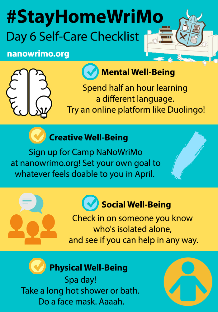 NaNoWriMo's tweet photo. We hope you had a great weekend! It's Day Six of #StayHomeWriMo, an initiative to support and encourage you to stay well and find comfort in creativity in these trying times. #StayHomeWriMo is flexible so you can adapt it to fit your needs. Learn more at https://t.co/bLEE02F4dt https://t.co/0GOH7Vg2a9