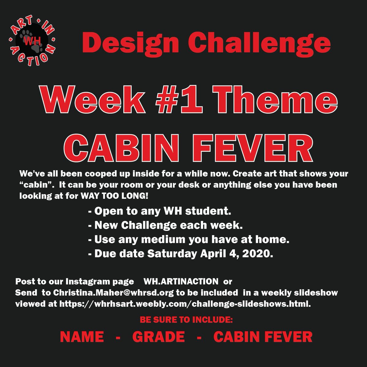 Art in Action is hosting a weekly design challenge.
Click below for more information or check out WH.ARTINACTION on Instagram
#WHArtsMatter <a href="/DrCSJones/">Christopher Jones</a> #WHPantherPride