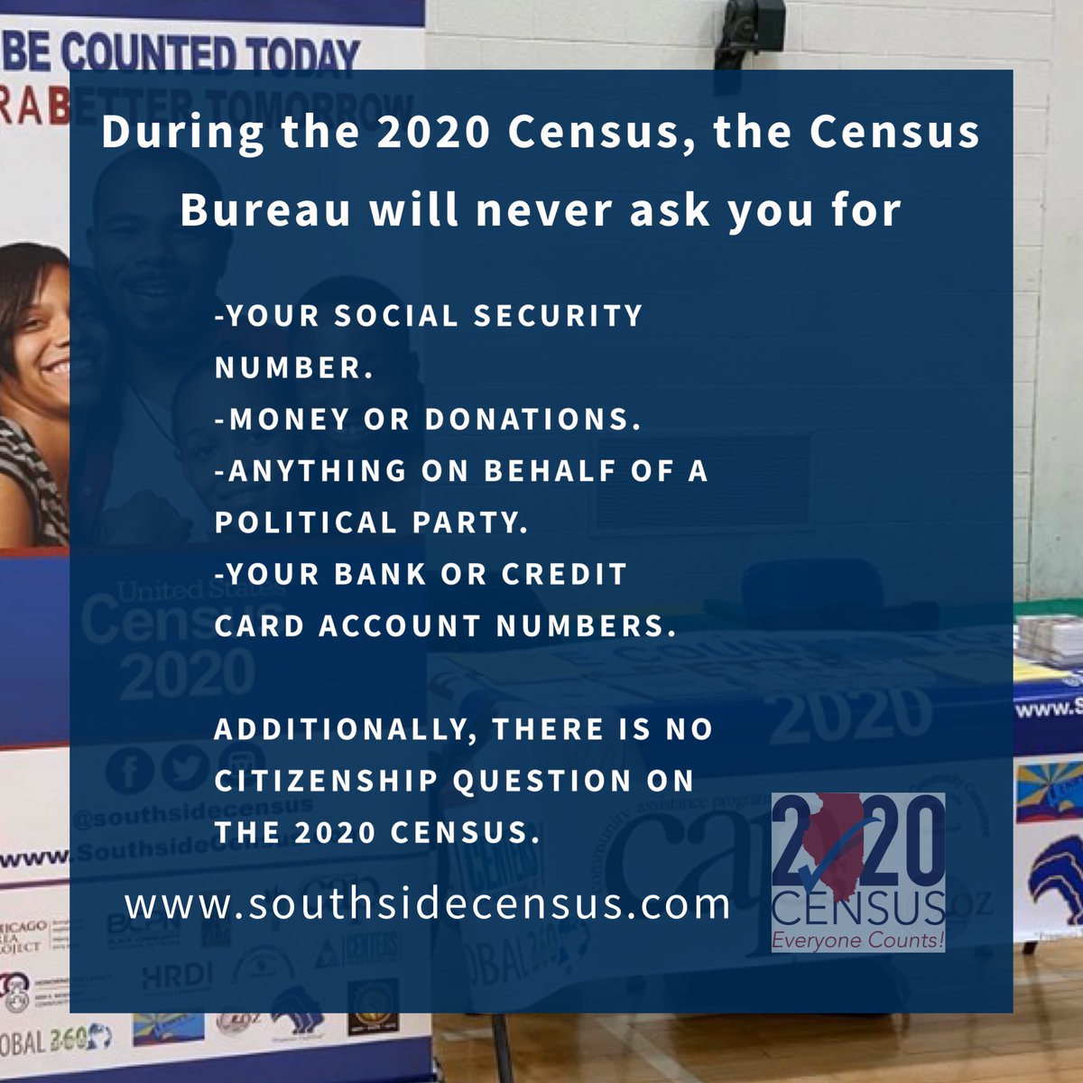 southsidecensus's tweet photo. The Census Will Never Ask Certain Questions. Additionally, there is no citizenship question on the 2020 Census.

https://t.co/DBwoi0xljd
#becounted
#youcount 
#southsidecensus 
#community https://t.co/hS8BzLHXo2